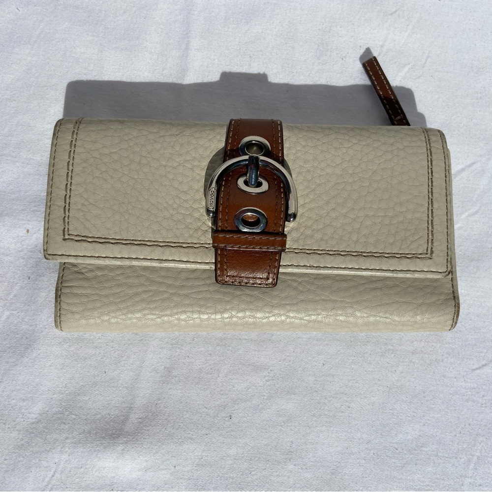 Coach Cream Leather Wallet with Brown Buckle Strap